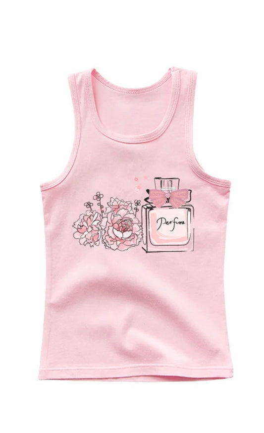Girls Baby Pink Perfume Motif Sleeveless Top