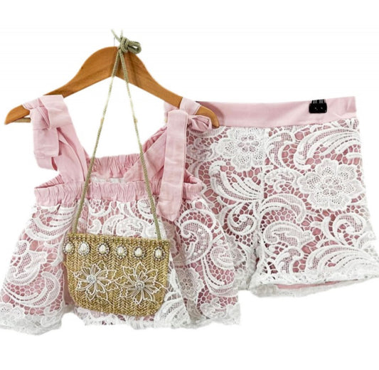 Girls Lacey Pink Embroidered Shorts Set with bag