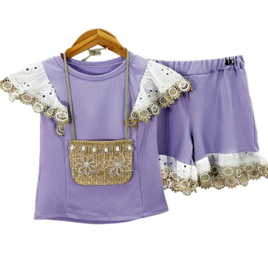Girls Lula Lilac Embroidered Shorts Set with bag