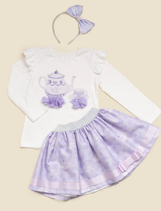 Caramelo Kids Girls Lilac Diamonte Teapot Skirt Set