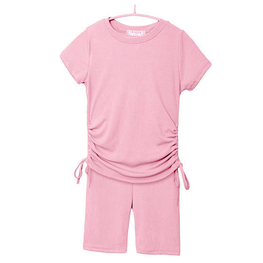 Girls Pink Ruched Short Set