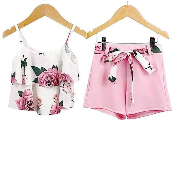 Girls Pink Floral Shorts Set