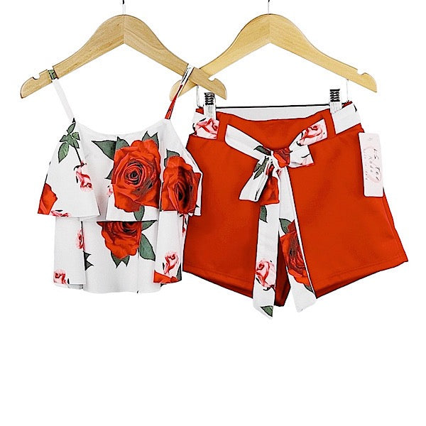 Girls Red Floral Shorts Set