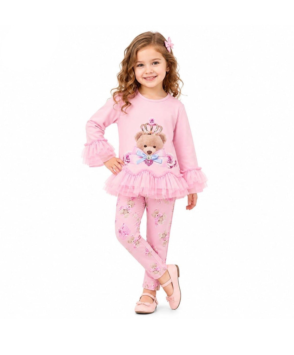 Giorgio Bambino pink teddy leggings set with long-sleeve top and floral leggings