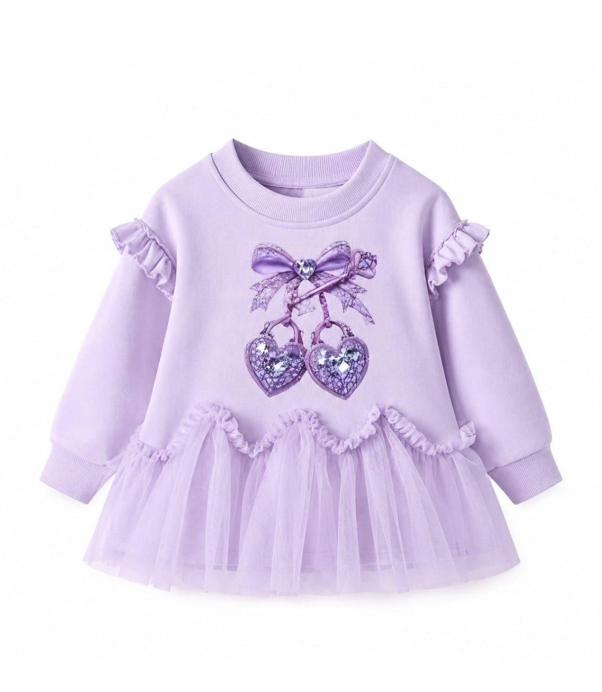 Lilac long-sleeve dress with heart sequin bow and ruffled cuffs, tulle skirt