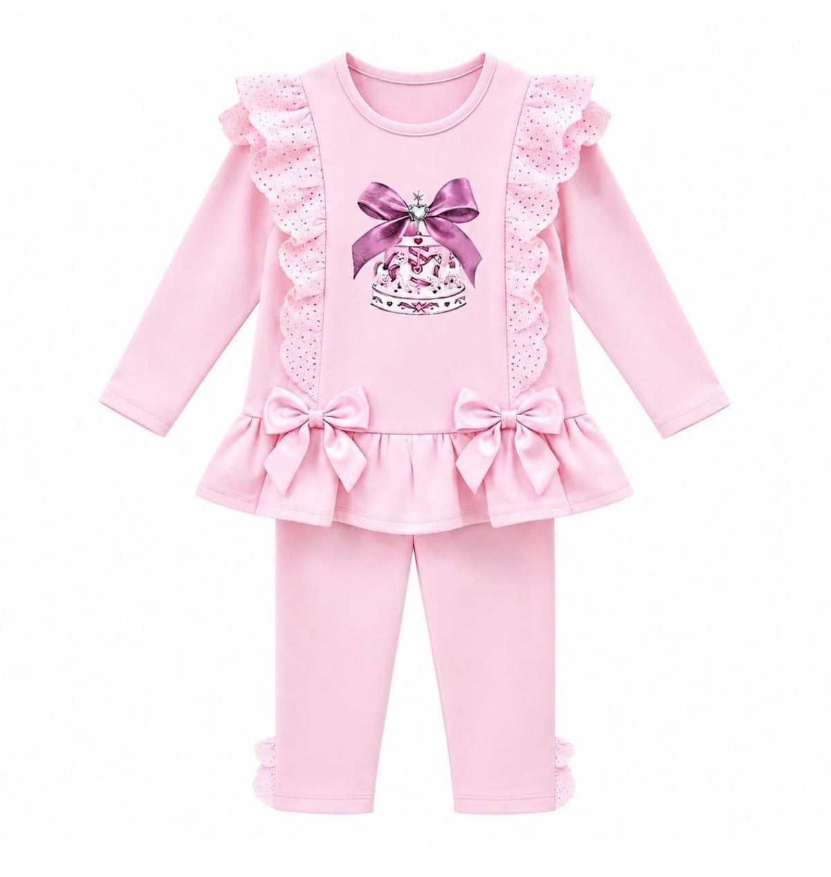 Pink bow bell leggings set with ruffle long-sleeve top and matching leggings