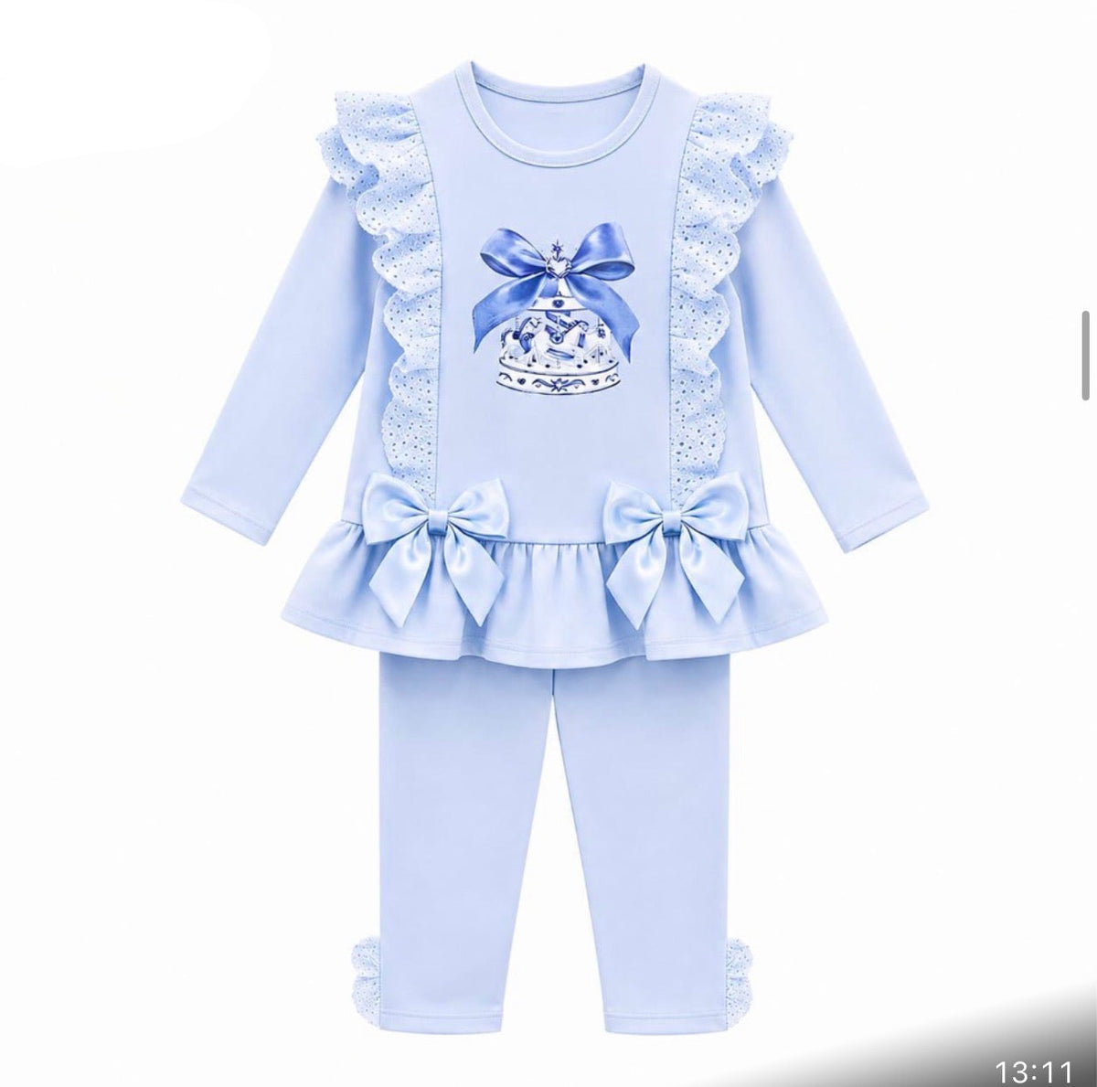 Baby blue bow bell leggings set with long-sleeve ruffle top and matching leggings