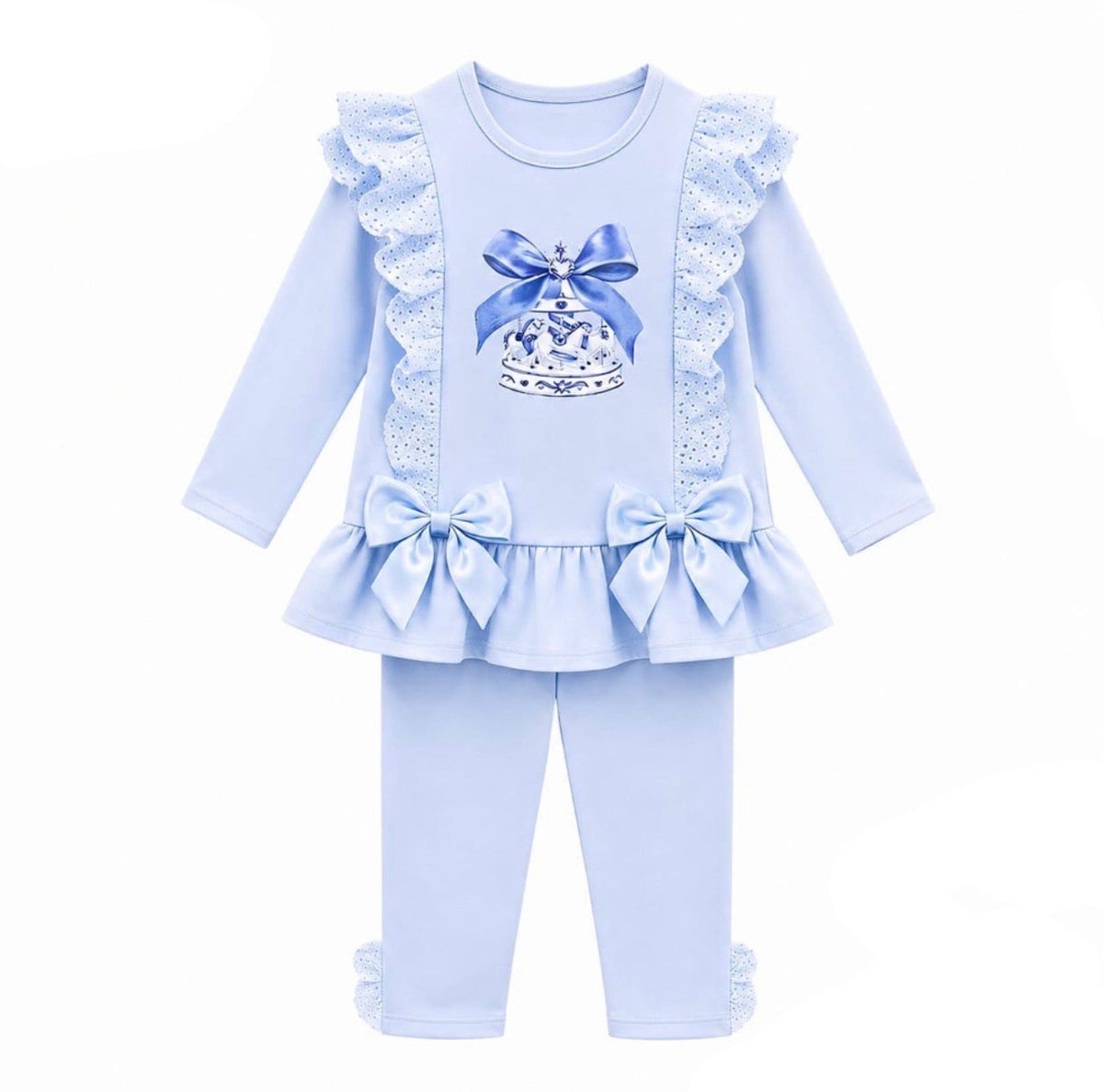 Baby blue bow bell leggings set with long-sleeve ruffle top and matching leggings