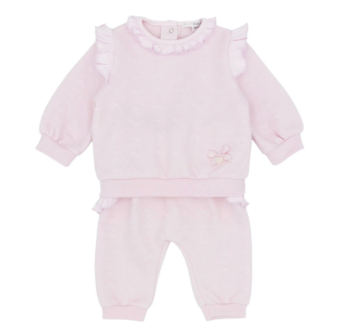 Pink infant jogger set, ruffle-shoulder sweatshirt and matching cuffed jogger pants