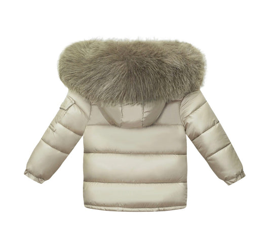 Cream faux fur hood puffer coat, paneled back with zip