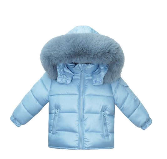 Light blue quilted puffer coat with faux-fur trimmed hood and zipper front
