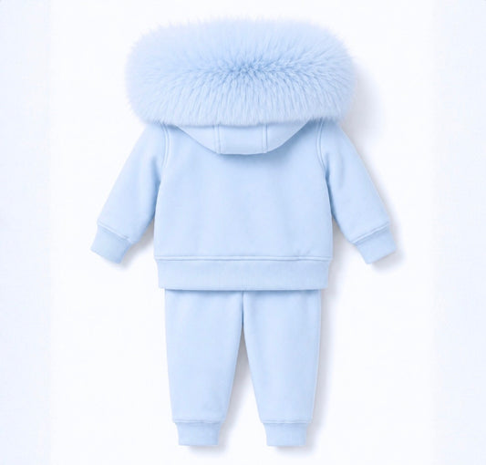 EvaBella Signature Faux Fur Hooded Double Bow Two Piece Set - Baby Blue