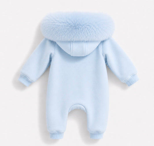 EvaBella Signature Faux Fur Hooded All in One| Cream Baby Blue