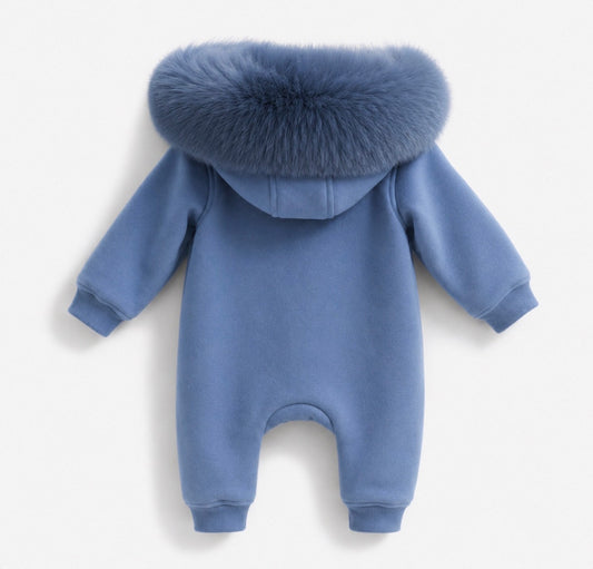 EvaBella Signature Faux Fur Hooded All in One| Mount Blue