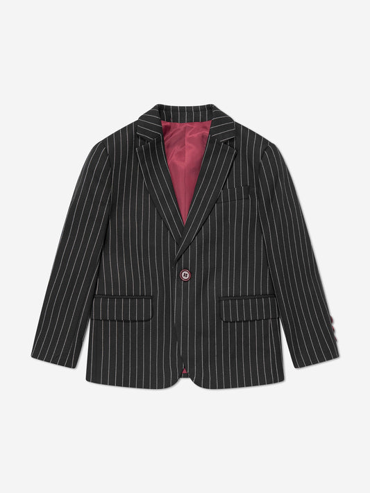 Boys black pinstripe suit jacket with maroon inner lining and two front pockets