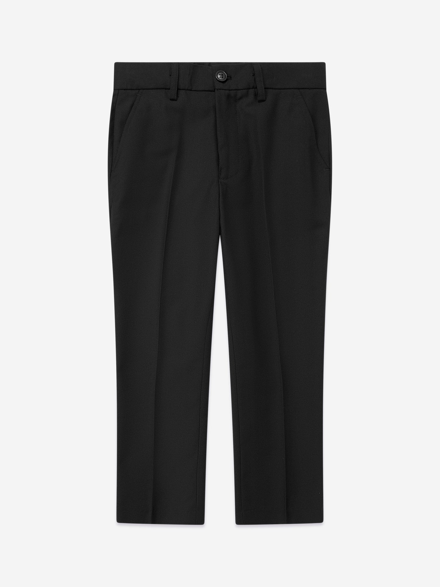 Black boys tuxedo trousers with waistband button and straight-leg crease