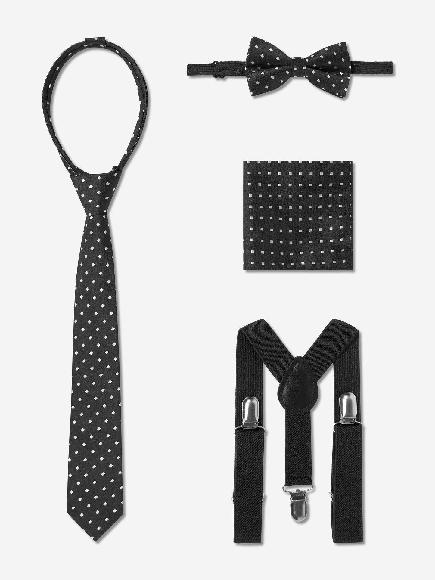 Black patterned tie, bow tie, pocket square and suspenders set for boys suit