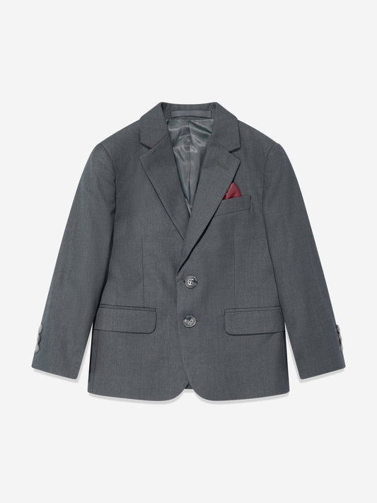 Grey boys blazer jacket with two-button front, flap pockets, and chest pocket