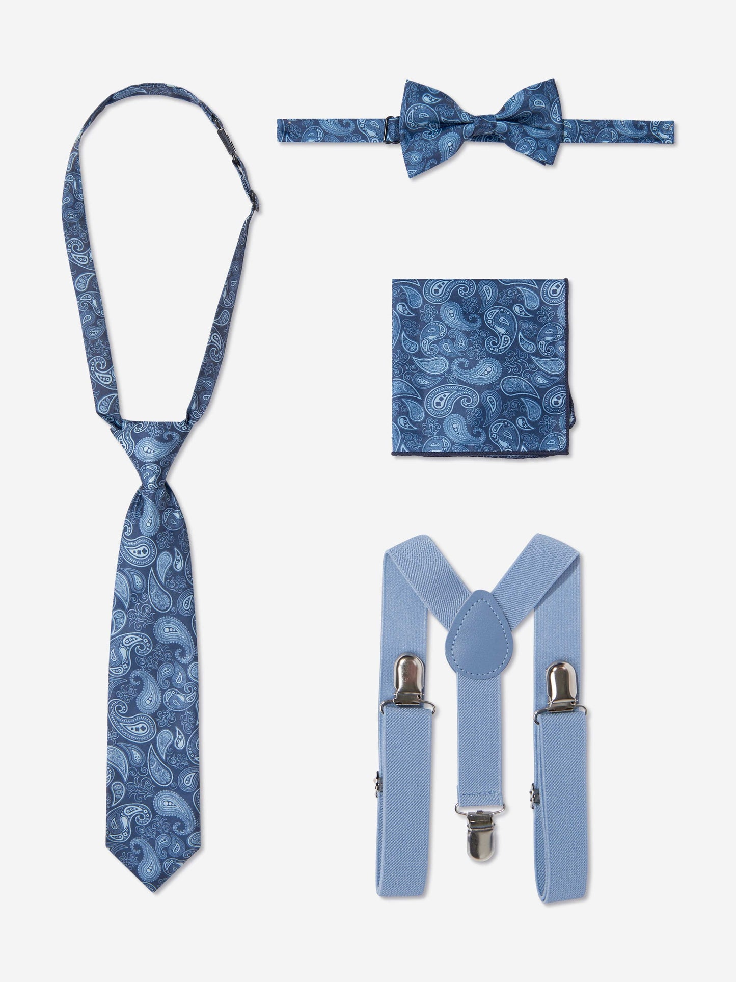 Blue paisley bow tie, necktie, pocket square, and shirt suspenders