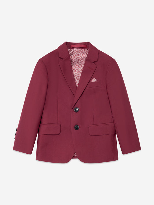 Red boys suit blazer with notched lapels, welt pockets, and patterned inner lining
