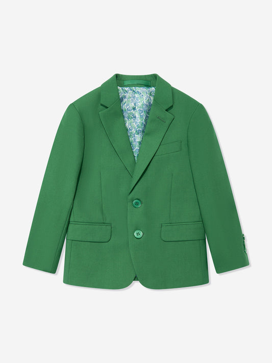 Green boys blazer with notched lapels, two front pockets, and matching button front