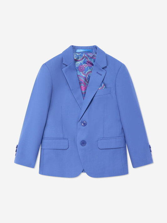 Blue boys suit jacket with paisley inner collar, chest pocket, and two-button front