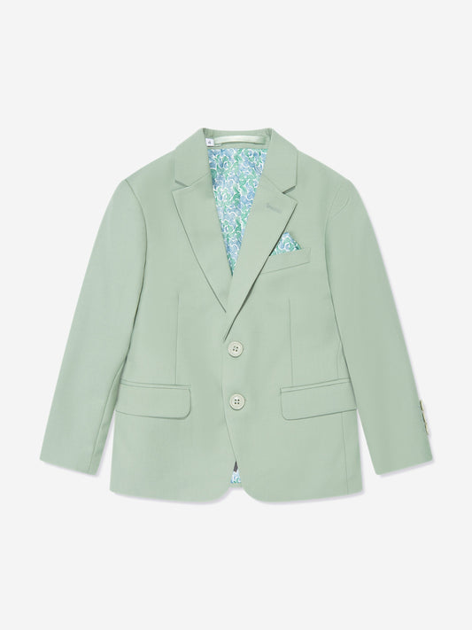 Green boys suit jacket with light patterned lining, notch lapels, front button detail