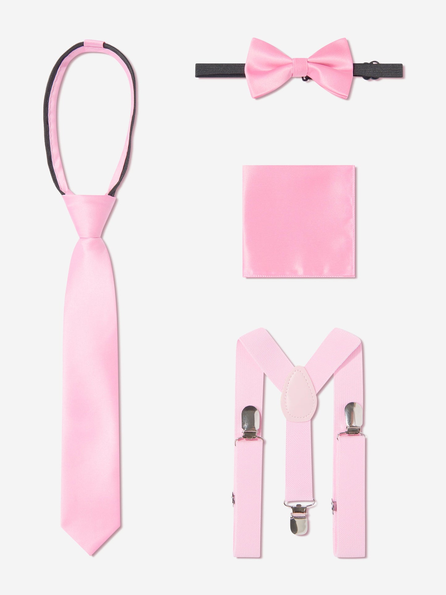 Pink tie, bow tie, pocket square and adjustable suspenders accessories set