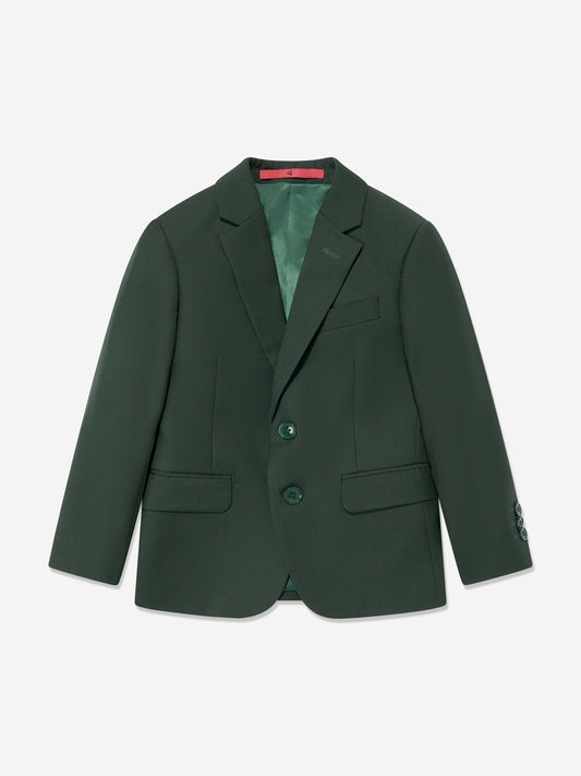 Green boys blazer with notch lapels, four-button front and chest pocket