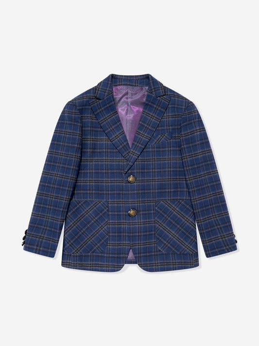 Navy checked boys blazer with notch lapel and two front buttons