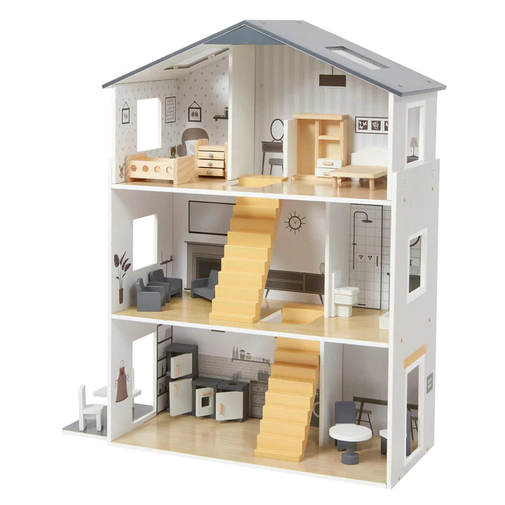 Contemporary Dolls House with 18 Handcrafted Wood Furniture Accessories