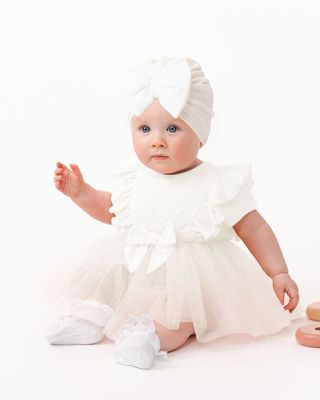Caramelo Kids Girls Ivory Ribbed Tulle Baby Dress with Turban