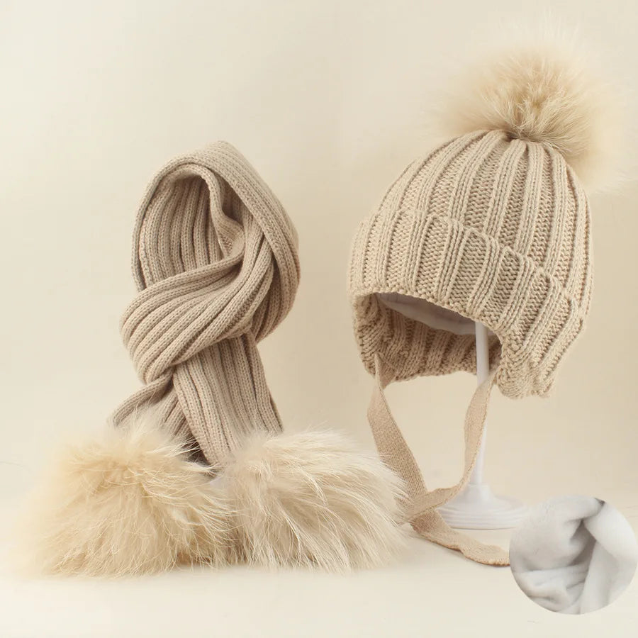 Raccoon Hat & Scarf Set Beige Single Pom