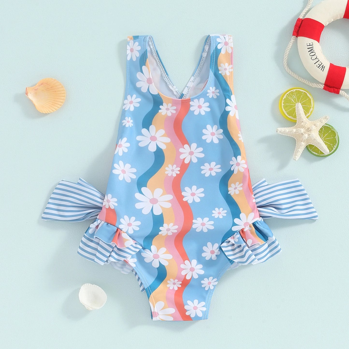 Girls Floral Aqua Swim Suit