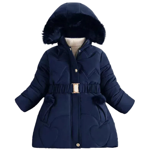 Girls navy faux-fur pom hooded belted puffer coat with front zipper and pockets