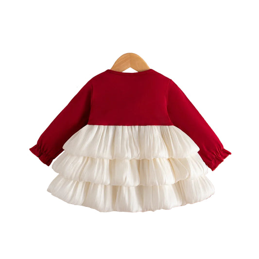 Red long-sleeve baby dress with tiered white ruffle skirt, back view on hanger