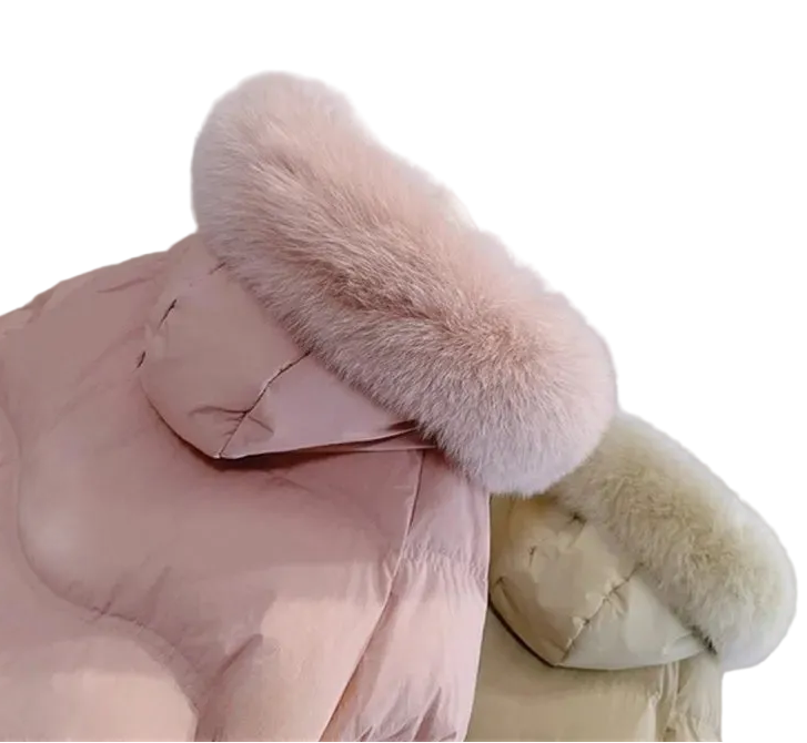 Close-up of pink girls hooded puffer coat showing faux fur hood trim.
