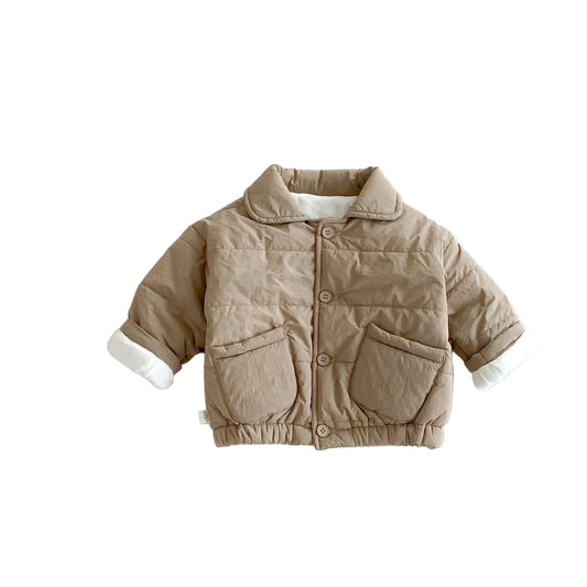 Beige mini puffer jacket with hood, snap front, and two front pockets