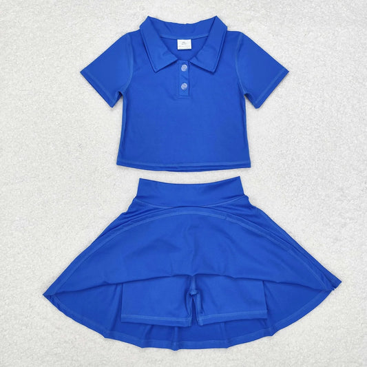 Blue children's outfit with a shirt and skirt on a light gray background