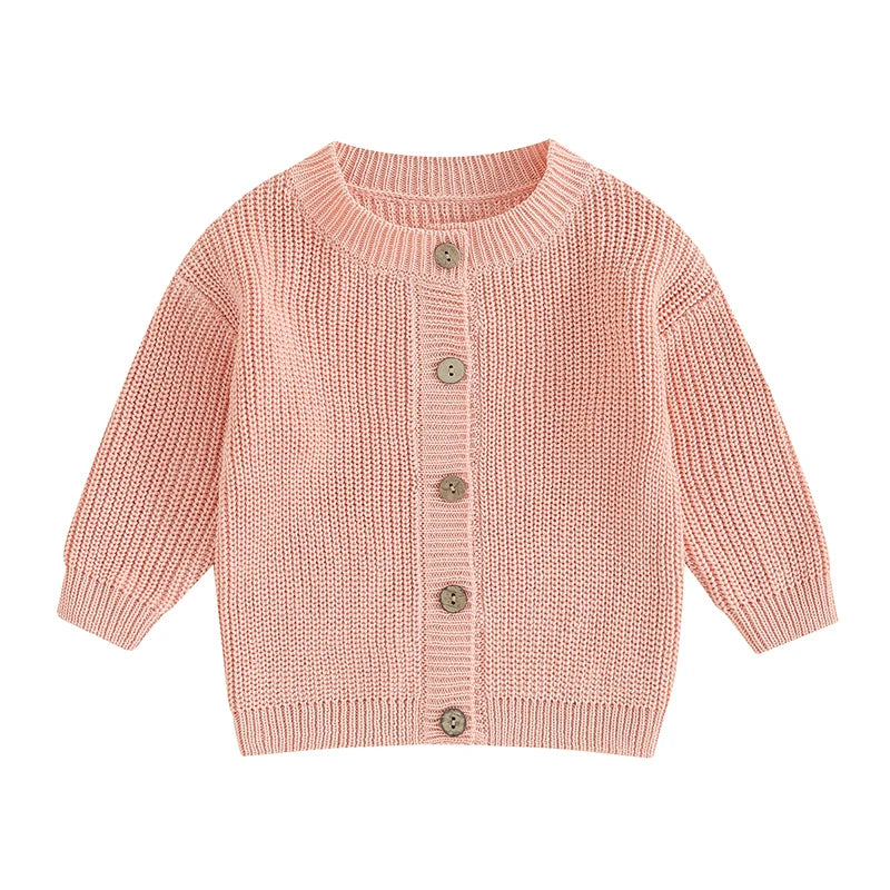Pink knit button cardigan with round neck and long sleeves
