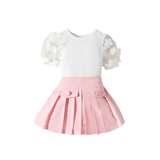 Girls Two Piece Pleated Skirt Set Pink