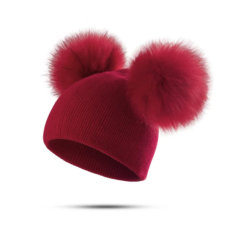 Double Pom Pom Fur Hat Red