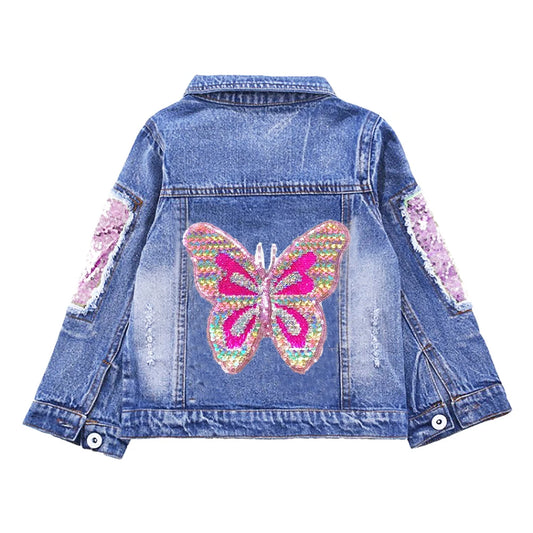 Girls Denim Sequin Embelished Butterfly Jacket