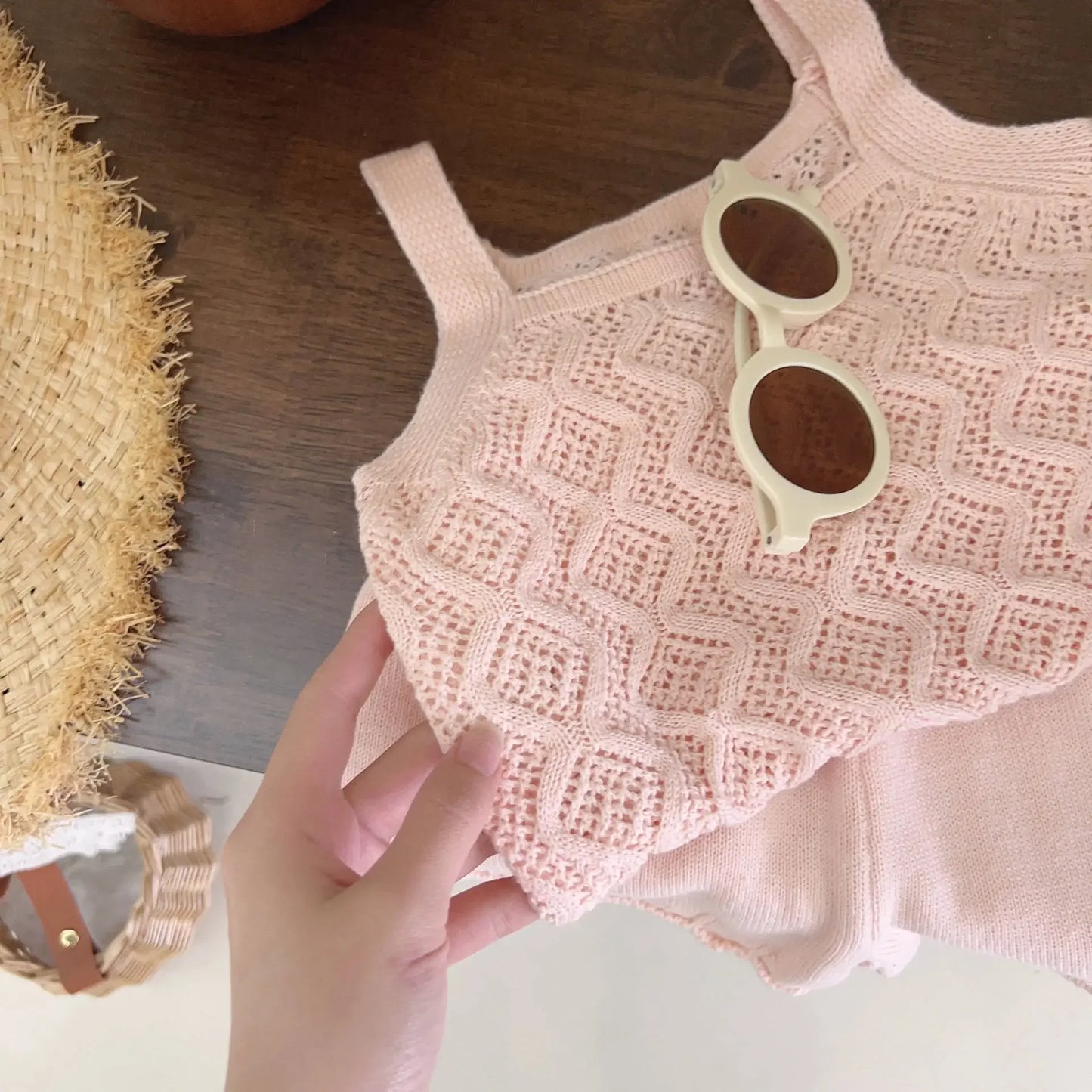 Girls Summer Knitted Shorts & Vest Pink