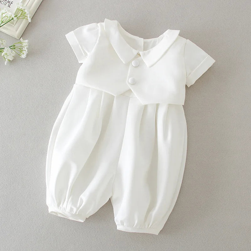 Boys White Christening Romper, with waist coat and Flat Cap