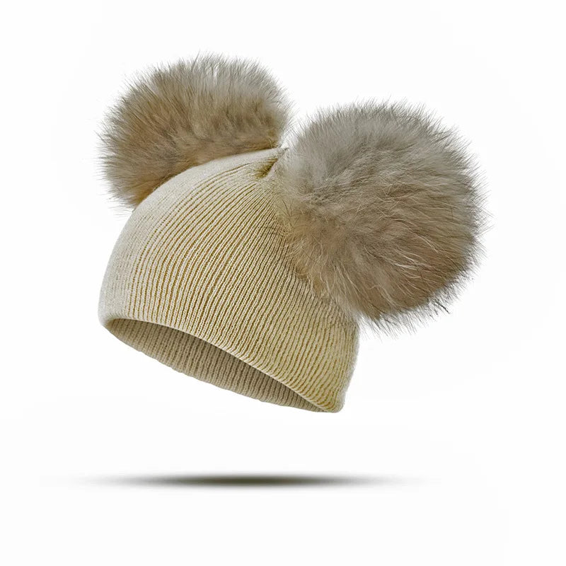 Double Pom Pom Fur Hat Beige
