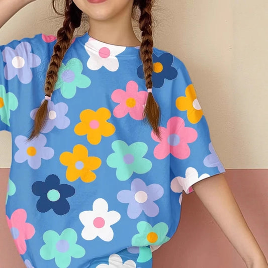 Blue floral short-sleeve lounge top with multicolor flowers