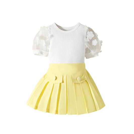 Girls Two Piece Pleated Skirt Set Yellow