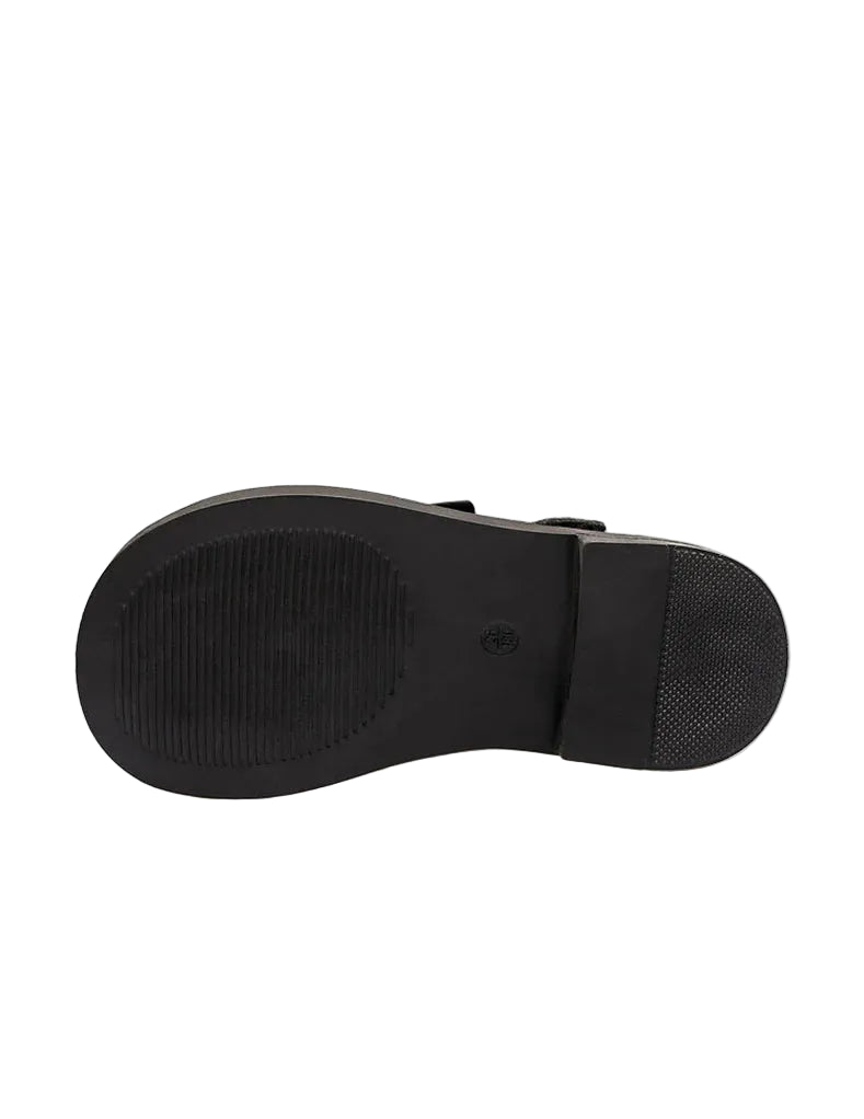Black rubber sole of a shoe with text on a white background