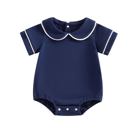 Baby Boys Navy Blue Peter Pan Collar Romper